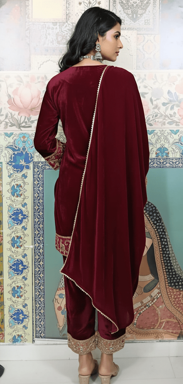 Designer Maroon Velvet Kurta Set with Heavy Embroidery - Rajni Collection