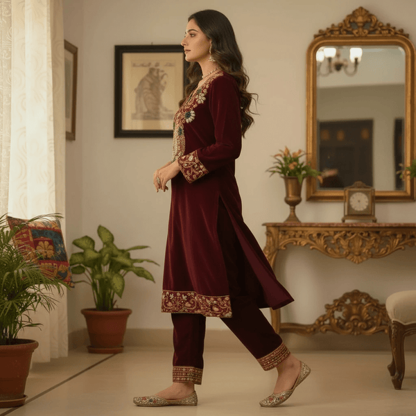 Designer Maroon Velvet Kurta Set with Heavy Embroidery - Rajni Collection