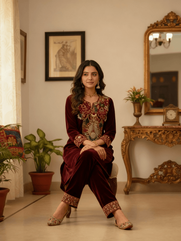 Designer Maroon Velvet Kurta Set with Heavy Embroidery - Rajni Collection