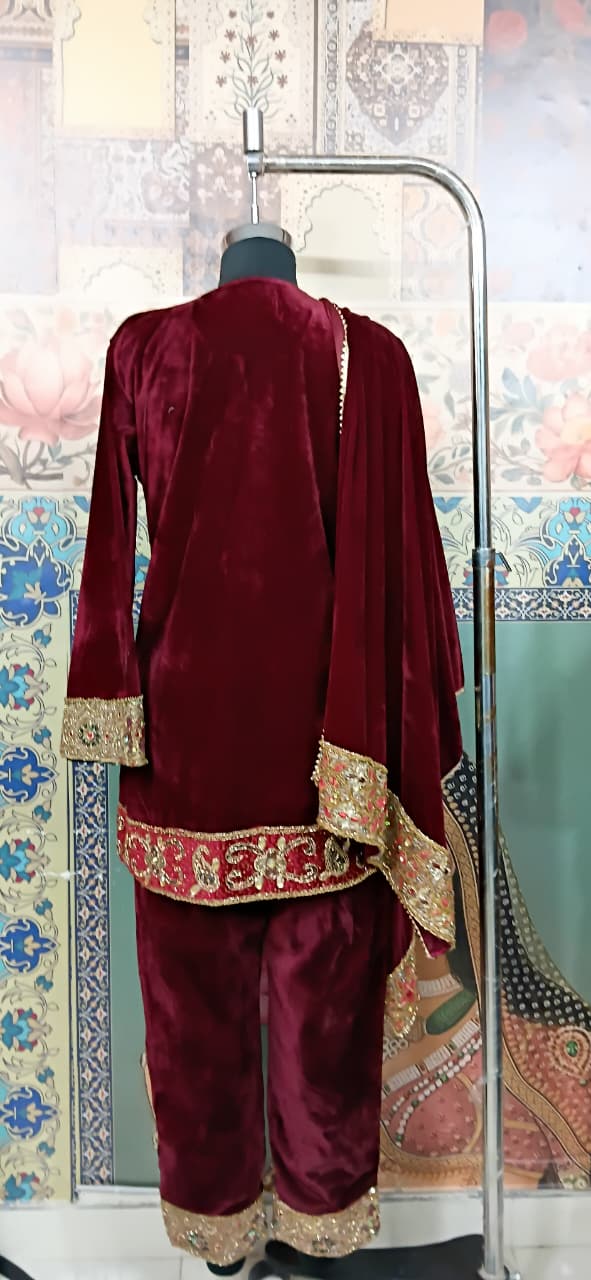 Designer Maroon Velvet Kurta Set with Heavy Embroidery - Rajni Collection