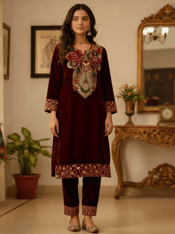 Designer Maroon Velvet Kurta Set with Heavy Embroidery - Rajni Collection