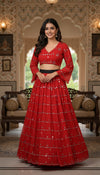 Red Mirrorwork Tie-Knot Top & Flared Skirt Set – “Nakhrewali