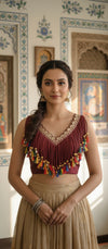 Handcrafted Maroon Blouse with Colorful Tassels & Coin Lace Detailing