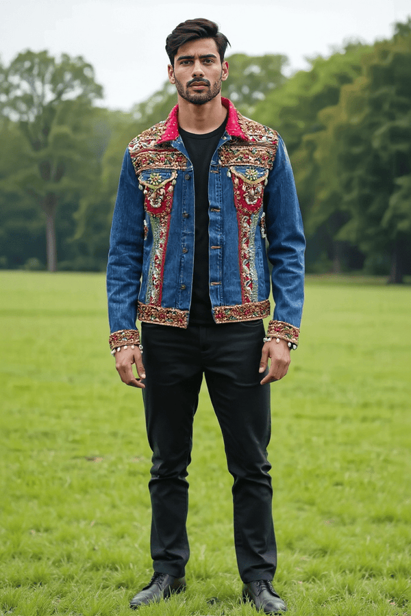 Embellished Denim Jacket with Handcrafted Mirror Work - Rajni Collection