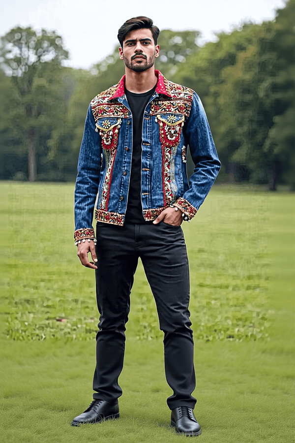 Embellished Denim Jacket with Handcrafted Mirror Work - Rajni Collection
