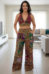 Festive Bohemian Velvet Embroidered Halter Top & Wide - Leg Pants Set - Rajni Collection