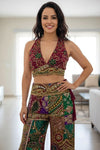 Festive Bohemian Velvet Embroidered Halter Top & Wide - Leg Pants Set - Rajni Collection