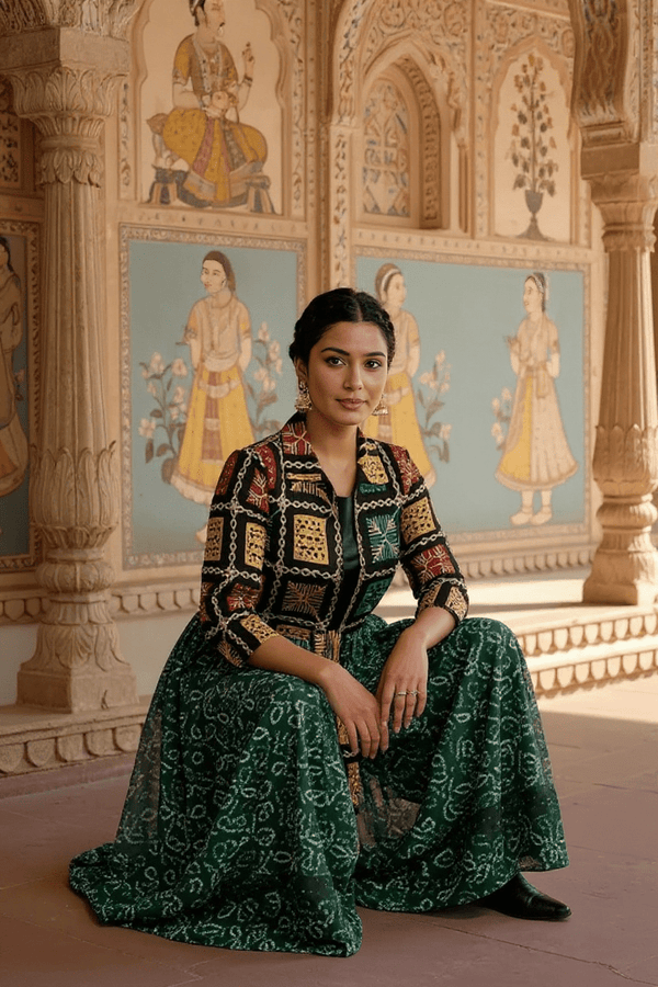 Green Handcrafted Phulkari Embroidered Shrug - Rajni Collection