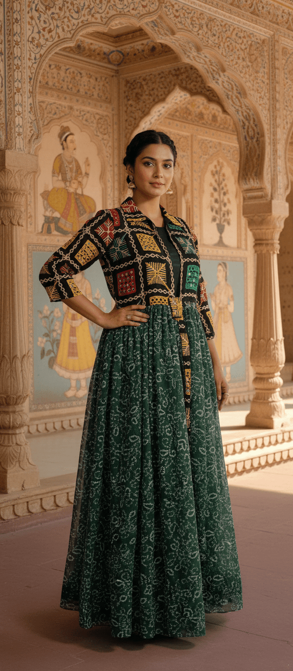 Green Handcrafted Phulkari Embroidered Shrug - Rajni Collection