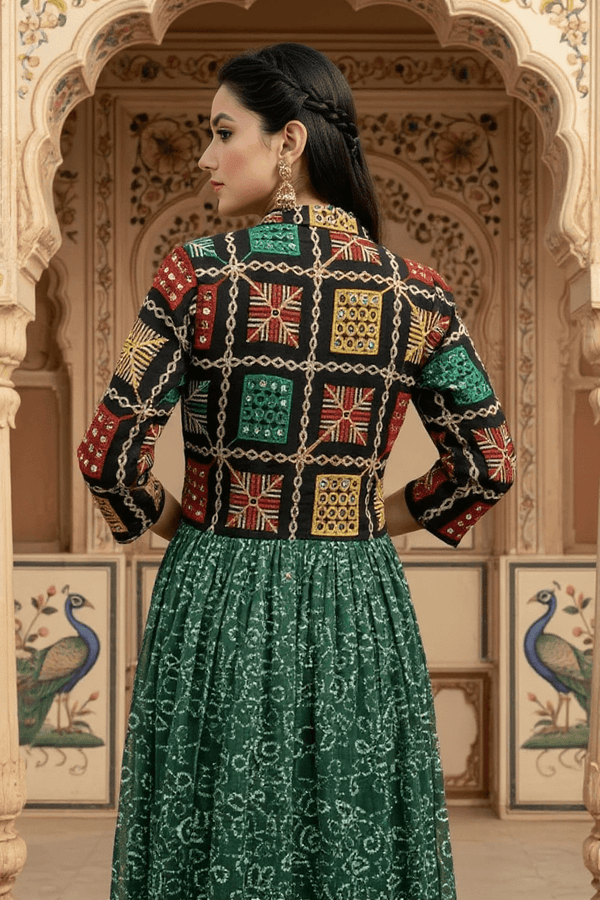 Green Handcrafted Phulkari Embroidered Shrug - Rajni Collection