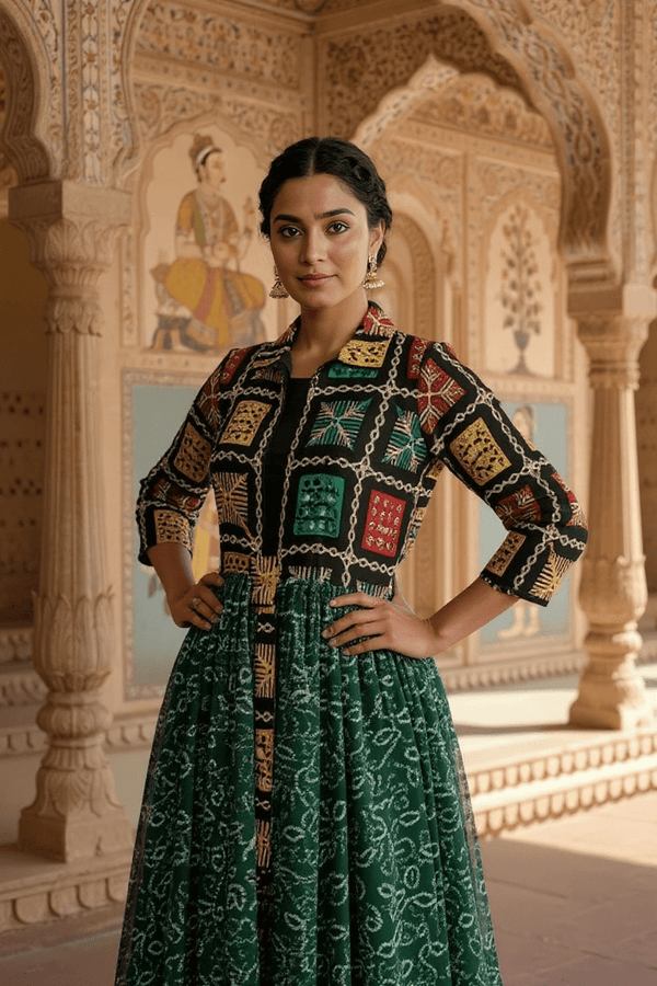 Green Handcrafted Phulkari Embroidered Shrug - Rajni Collection