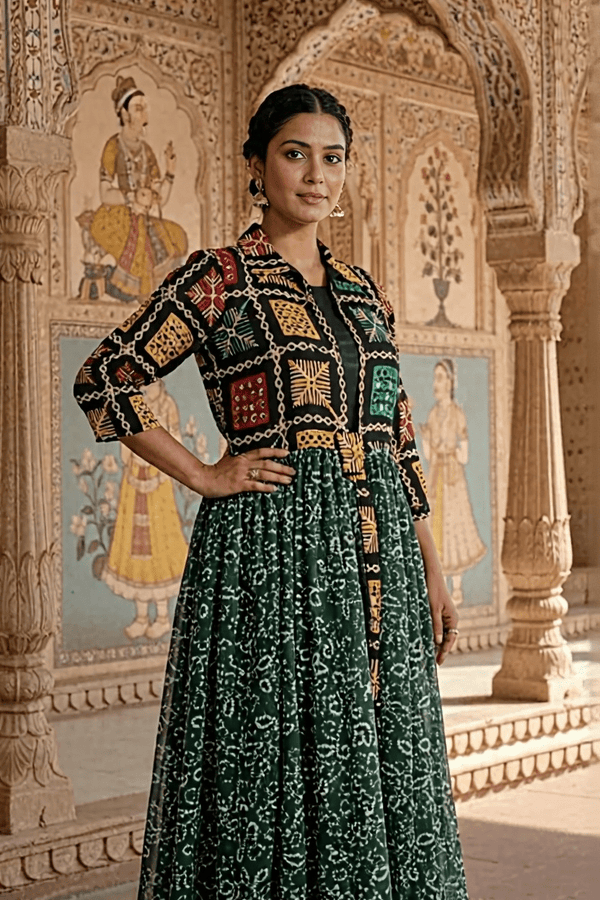 Green Handcrafted Phulkari Embroidered Shrug - Rajni Collection