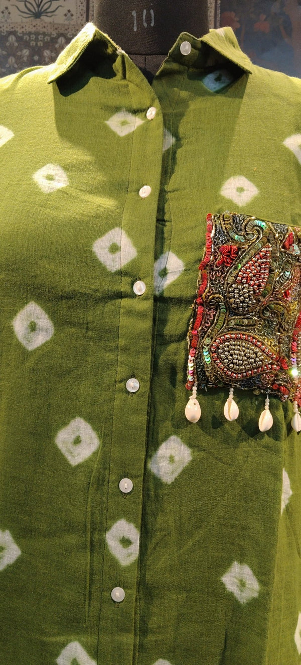 Green Man Bandhani Shirt with Embellished Pocket - Rajni Collection
