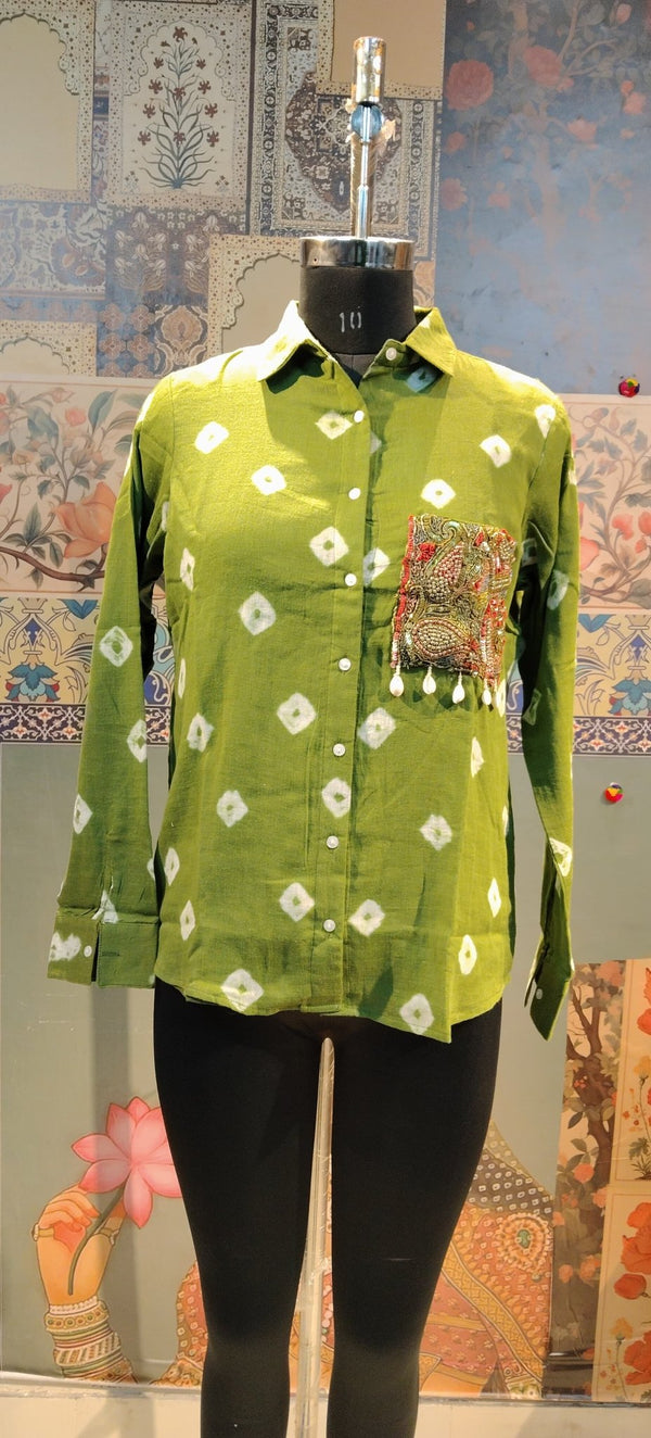 Green Man Bandhani Shirt with Embellished Pocket - Rajni Collection