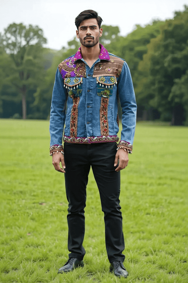 Handcrafted Mirror Work Denim Jacket - Rajni Collection