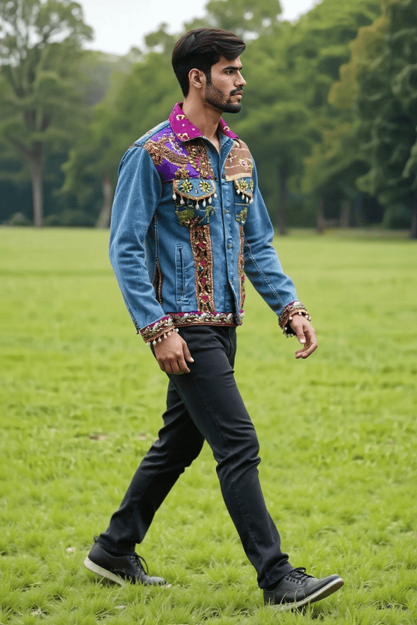 Handcrafted Mirror Work Denim Jacket - Rajni Collection