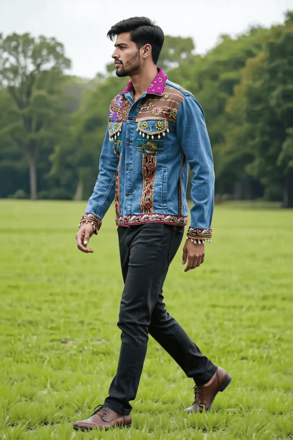 Handcrafted Mirror Work Denim Jacket - Rajni Collection