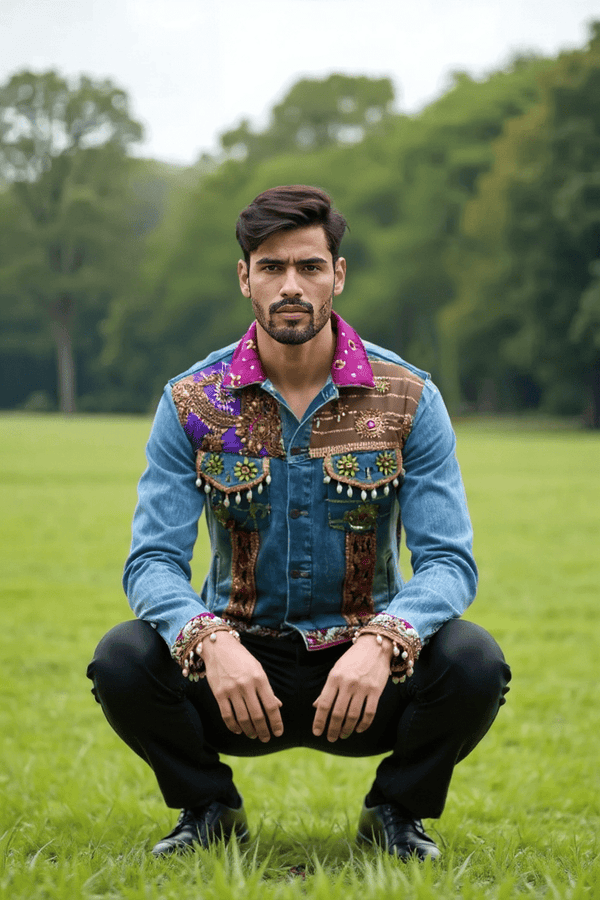 Handcrafted Mirror Work Denim Jacket - Rajni Collection
