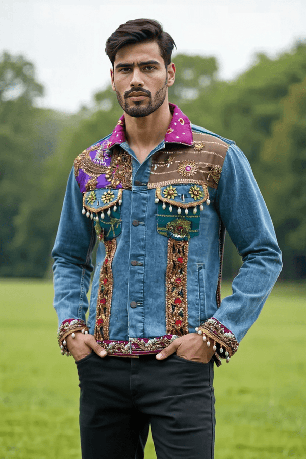 Handcrafted Mirror Work Denim Jacket - Rajni Collection