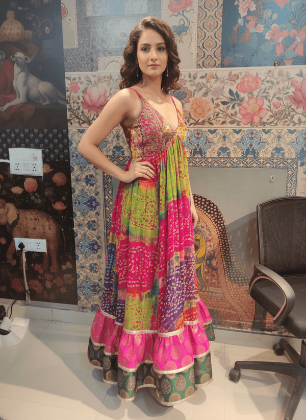 Handcrafted Multicolor Bandhani Maxi Dress – Boho Festive Fusion Wear - Rajni Collection