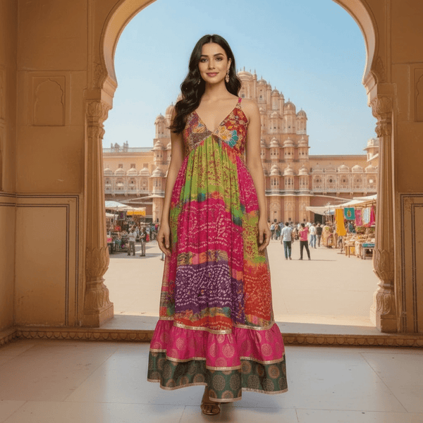 Handcrafted Multicolor Bandhani Maxi Dress – Boho Festive Fusion Wear - Rajni Collection