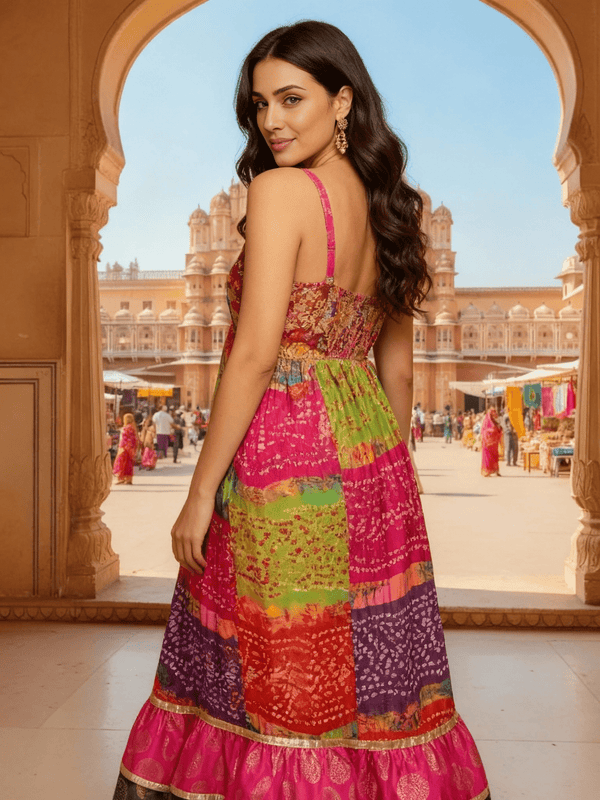 Handcrafted Multicolor Bandhani Maxi Dress – Boho Festive Fusion Wear - Rajni Collection