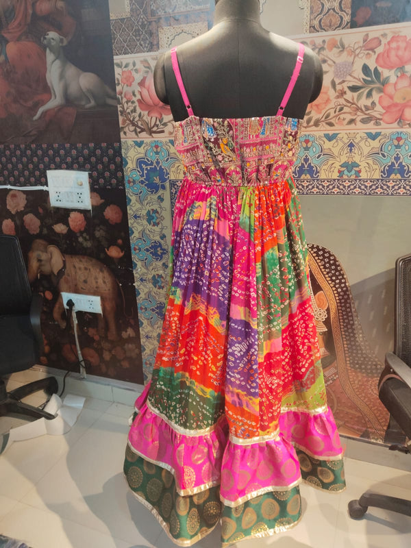 Handcrafted Multicolor Bandhani Maxi Dress – Boho Festive Fusion Wear - Rajni Collection