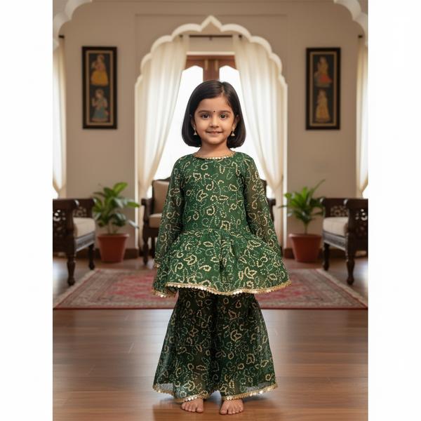 Green Sequin Peplum & Sharara Set for Girls | Designer Kids Ethnic