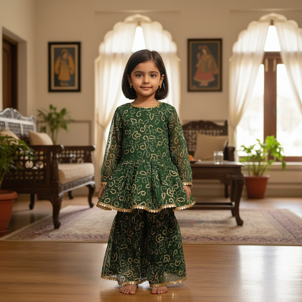 Green Sequin Peplum & Sharara Set for Girls | Designer Kids Ethnic