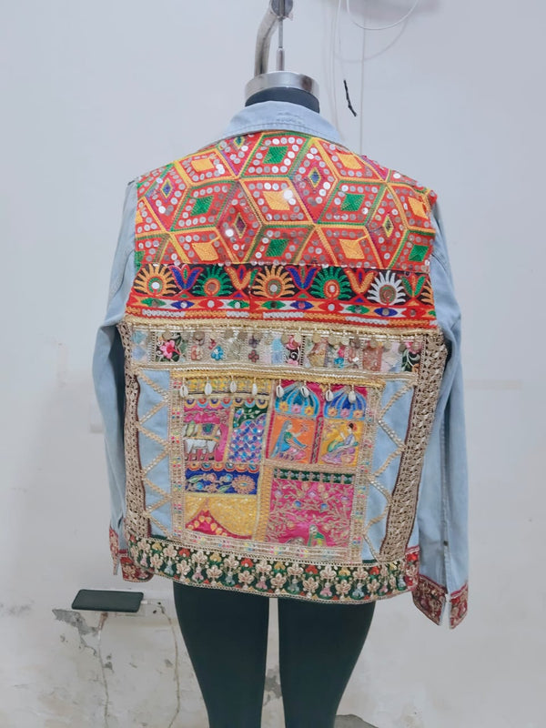 Men’s Denim Jacket with Jaipuri Patchwork & Hand Embroidery Detailing - Rajni Collection