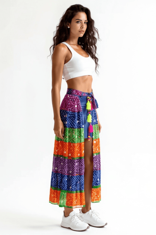 Multi - Color Bandhini Layered Skirt with Tassel - Rajni Collection