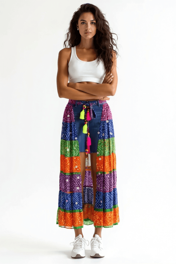 Multi - Color Bandhini Layered Skirt with Tassel - Rajni Collection