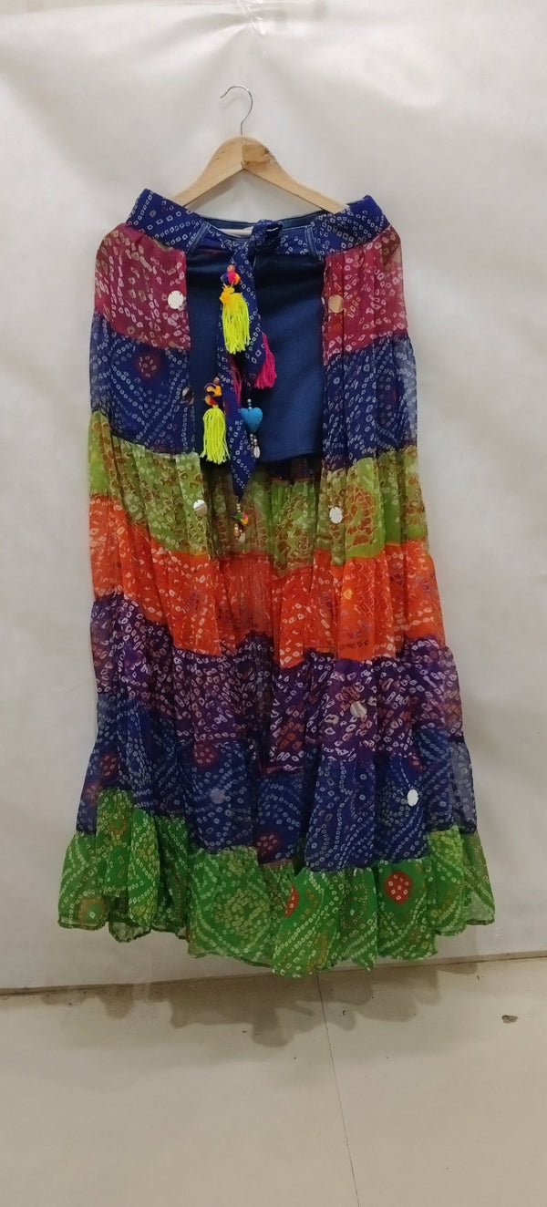 Multi - Color Bandhini Layered Skirt with Tassel - Rajni Collection