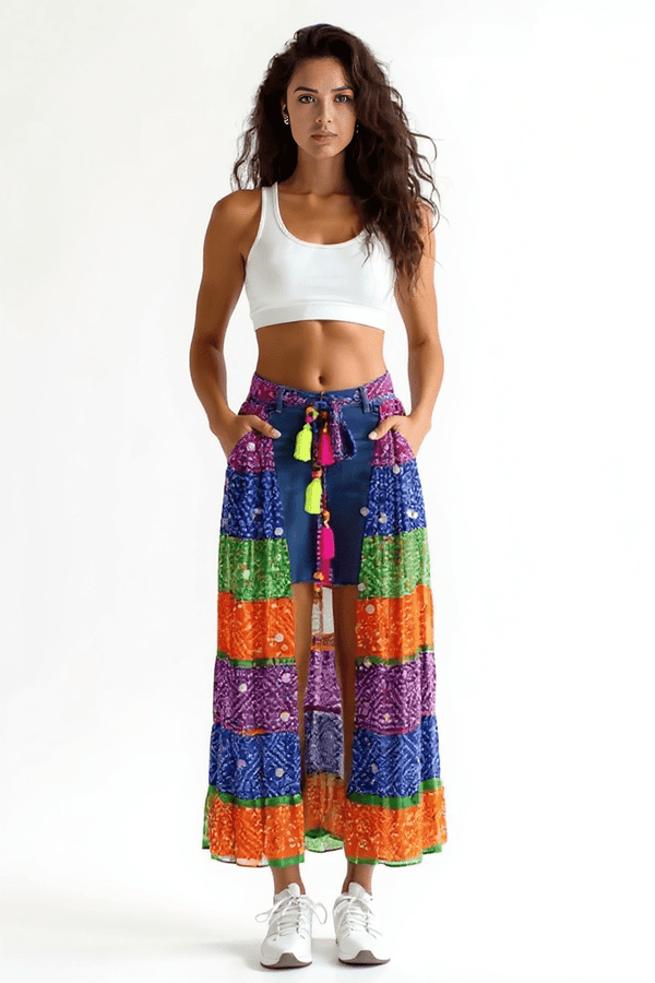 Multi - Color Bandhini Layered Skirt with Tassel - Rajni Collection