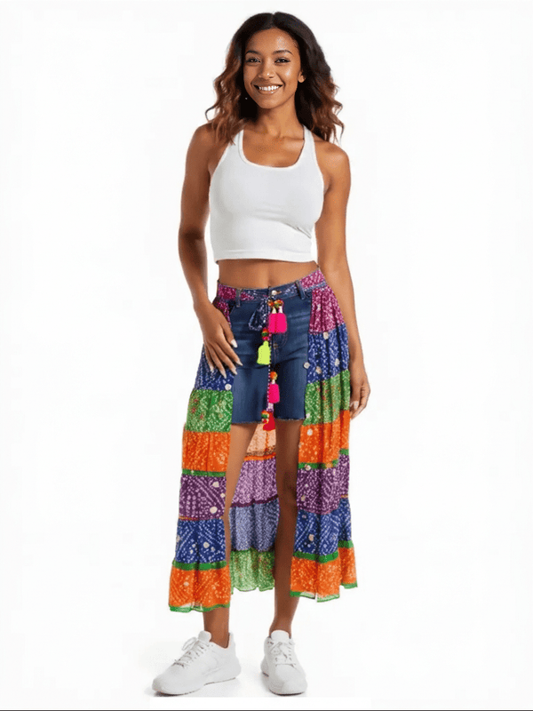 Multi - Color Bandhini Layered Skirt with Tassel - Rajni Collection