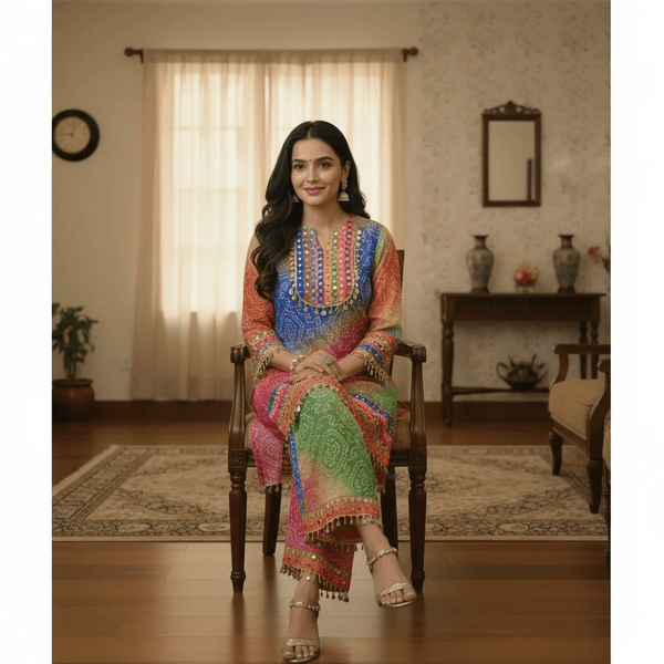 Multicolor Bandhani Kurta & Palazzo Set with Mirror and Coin Lace Work – Festive Fusion - Rajni Collection