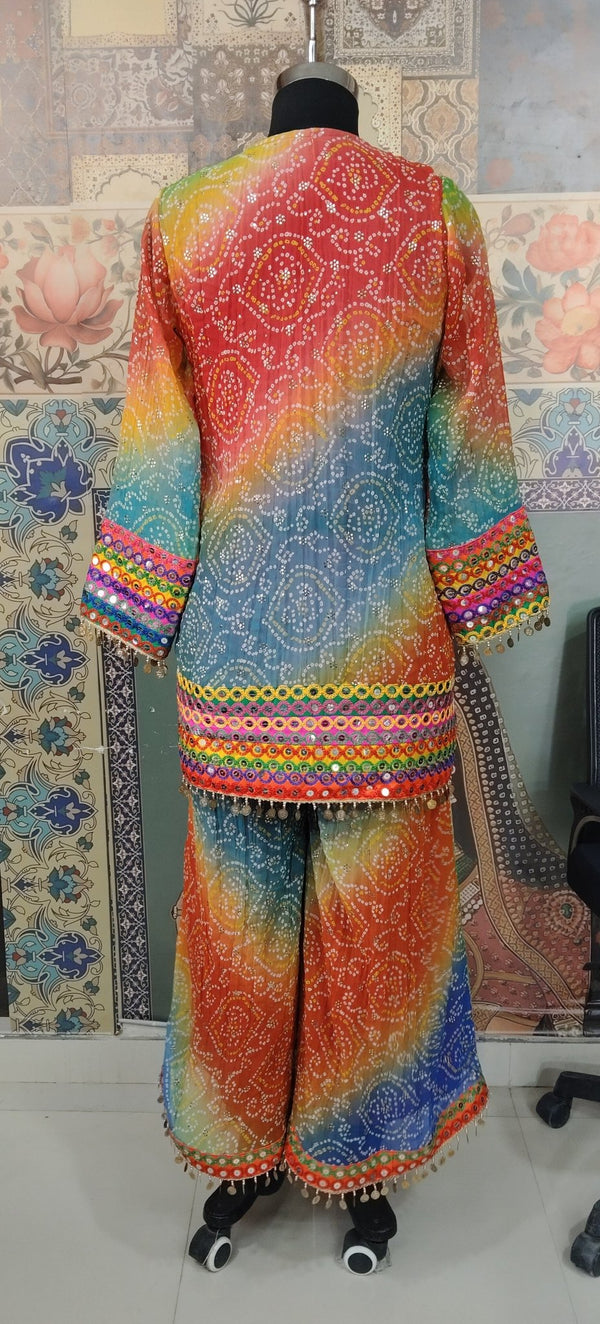 Multicolor Bandhani Kurta & Palazzo Set with Mirror and Coin Lace Work – Festive Fusion - Rajni Collection