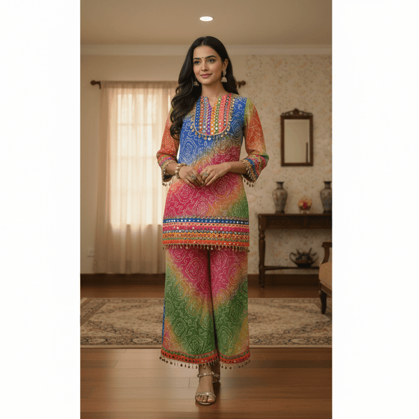 Multicolor Bandhani Kurta & Palazzo Set with Mirror and Coin Lace Work – Festive Fusion - Rajni Collection