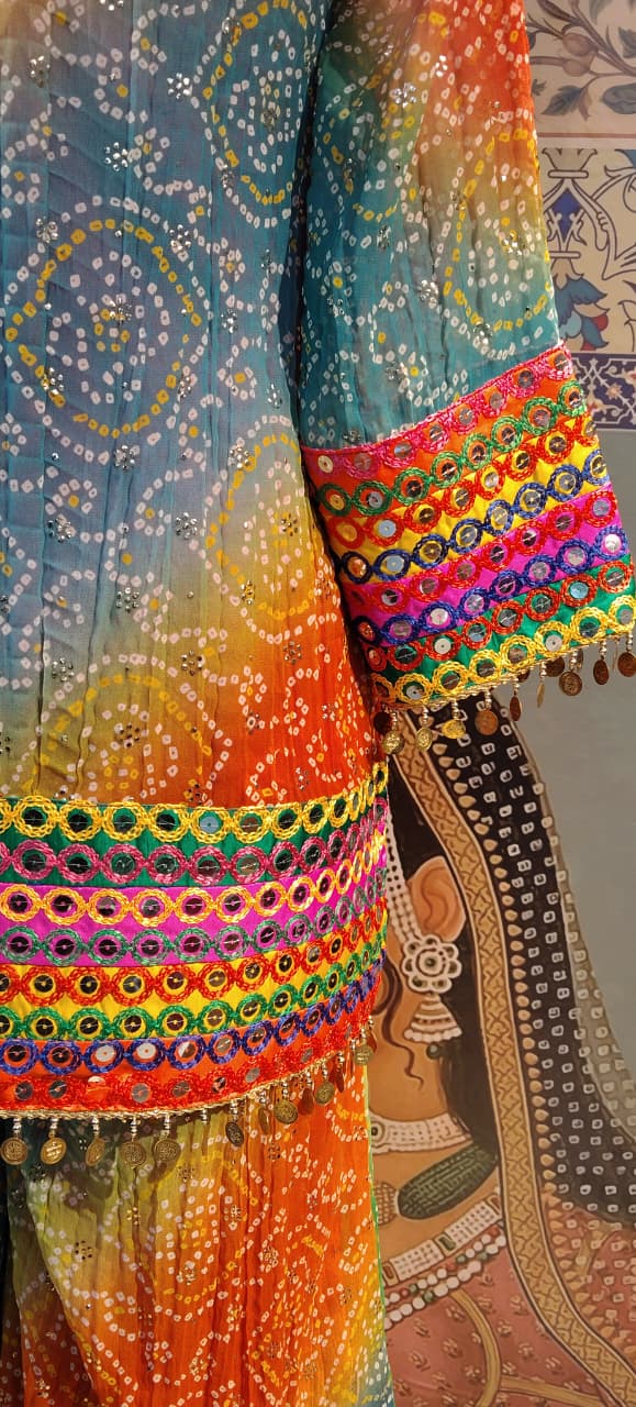 Multicolor Bandhani Kurta & Palazzo Set with Mirror and Coin Lace Work – Festive Fusion - Rajni Collection