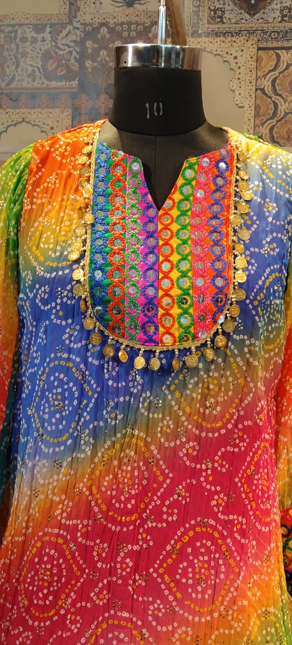 Multicolor Bandhani Kurta & Palazzo Set with Mirror and Coin Lace Work – Festive Fusion - Rajni Collection