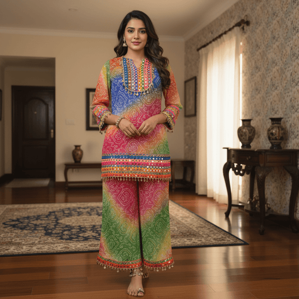 Multicolor Bandhani Kurta & Palazzo Set with Mirror and Coin Lace Work – Festive Fusion - Rajni Collection