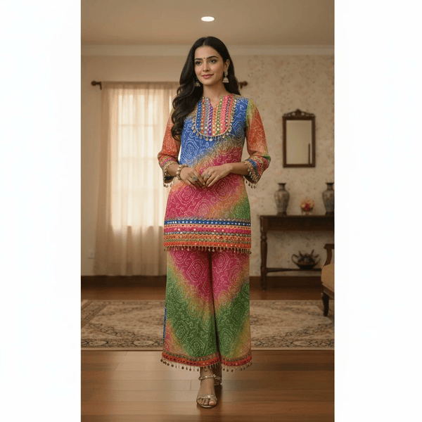 Multicolor Bandhani Kurta & Palazzo Set with Mirror and Coin Lace Work – Festive Fusion - Rajni Collection