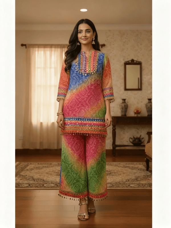 Multicolor Bandhani Kurta & Palazzo Set with Mirror and Coin Lace Work – Festive Fusion - Rajni Collection