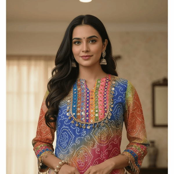 Multicolor Bandhani Kurta & Palazzo Set with Mirror and Coin Lace Work – Festive Fusion - Rajni Collection