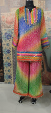 Multicolor Bandhani Kurta & Palazzo Set with Mirror and Coin Lace Work – Festive Fusion - Rajni Collection