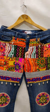 Multicolor Bohemian Embroidered Denim Pants with Mirror & Patchwork Detailing - Rajni Collection
