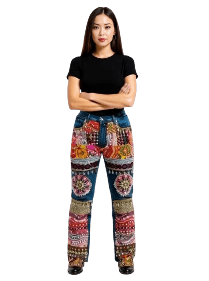 Multicolor Bohemian Embroidered Denim Pants with Mirror & Patchwork Detailing - Rajni Collection