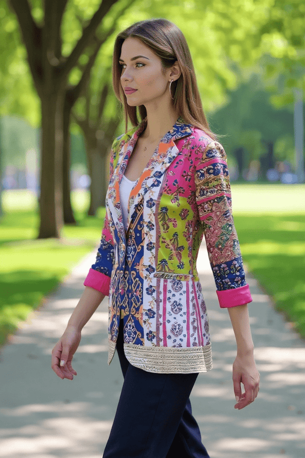 Multicolor Patchwork Mirror Work Blazer – Boho Chic Statement Jacket - Rajni Collection