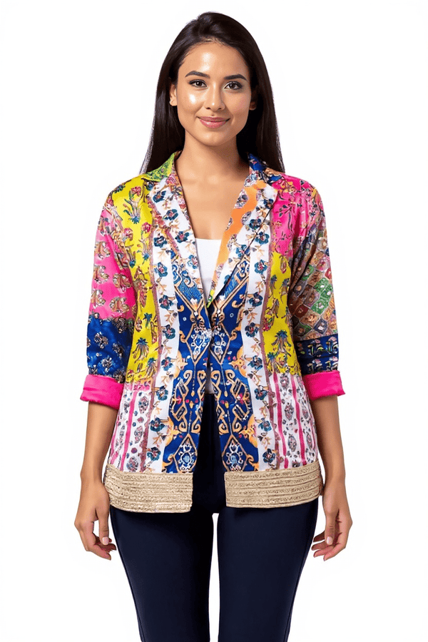 Multicolor Patchwork Mirror Work Blazer – Boho Chic Statement Jacket - Rajni Collection