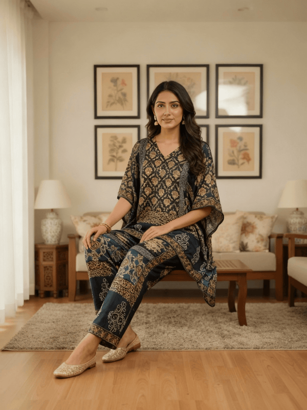 Navy Blue Kaftan Top & Pant Co - ord Set – Elegant Indo - Western Fusion Wear - Rajni Collection